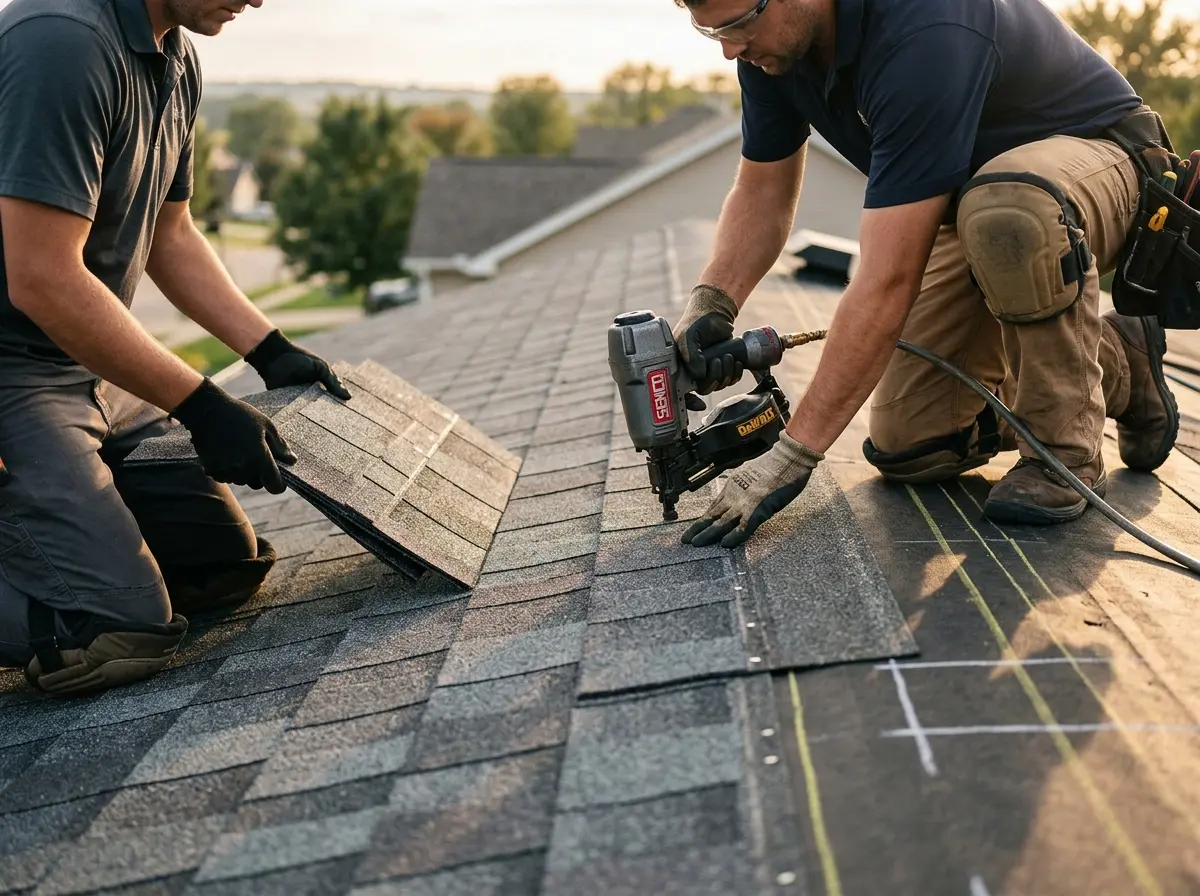 Professional roofer working on a residential roof in Stone Ridge
